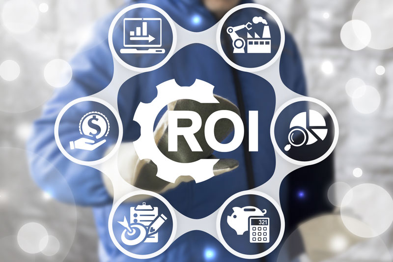 ANÁLISE ROI (Retorno sobre o Investimento) Finanças Conceito de Lucro de Negócios Industriais. Serviço de renda do investimento. Tecnologia de receita de gestão de dados financeiros. Analytics investem na fabricação de dados.